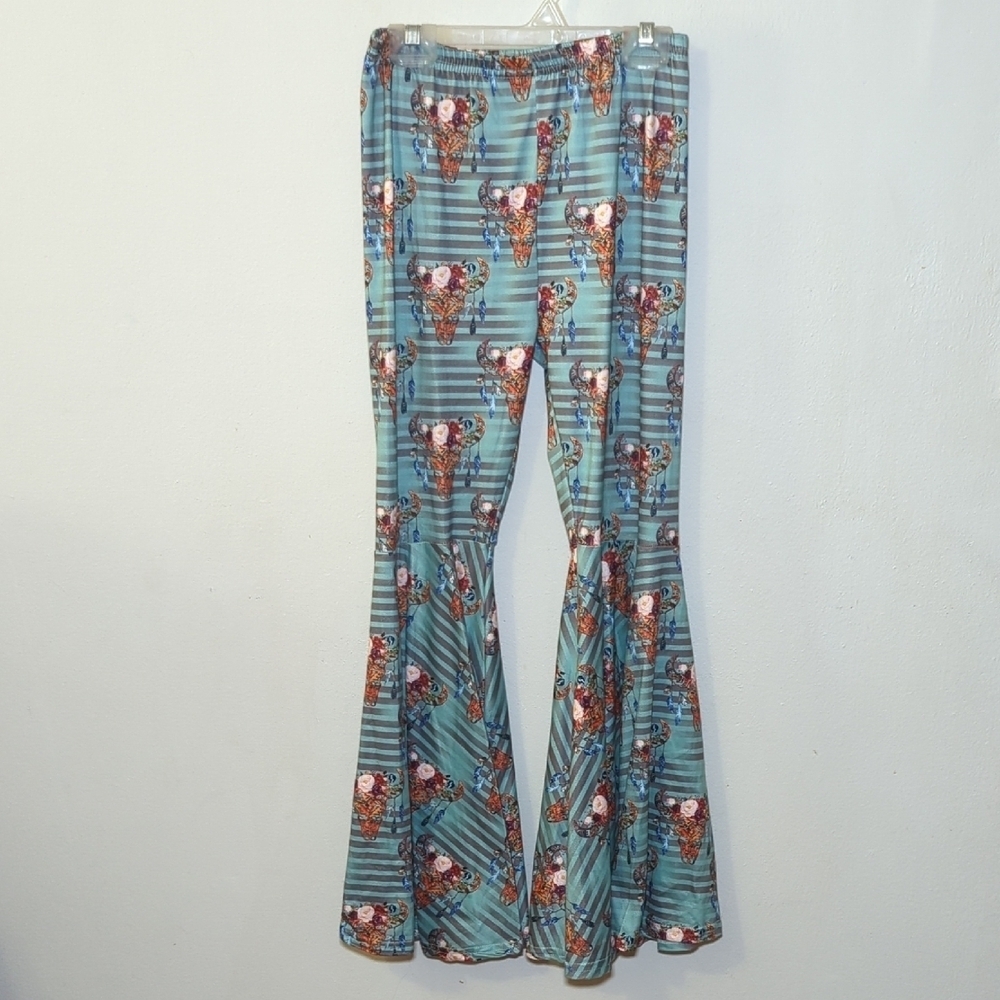Knit Flare Pants w/ Floral Bull Skull Pattern Girls 5XL / 24" waist 27" inseam